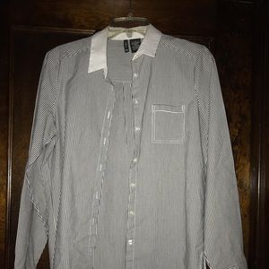 Gray & White striped shirt with white collar.